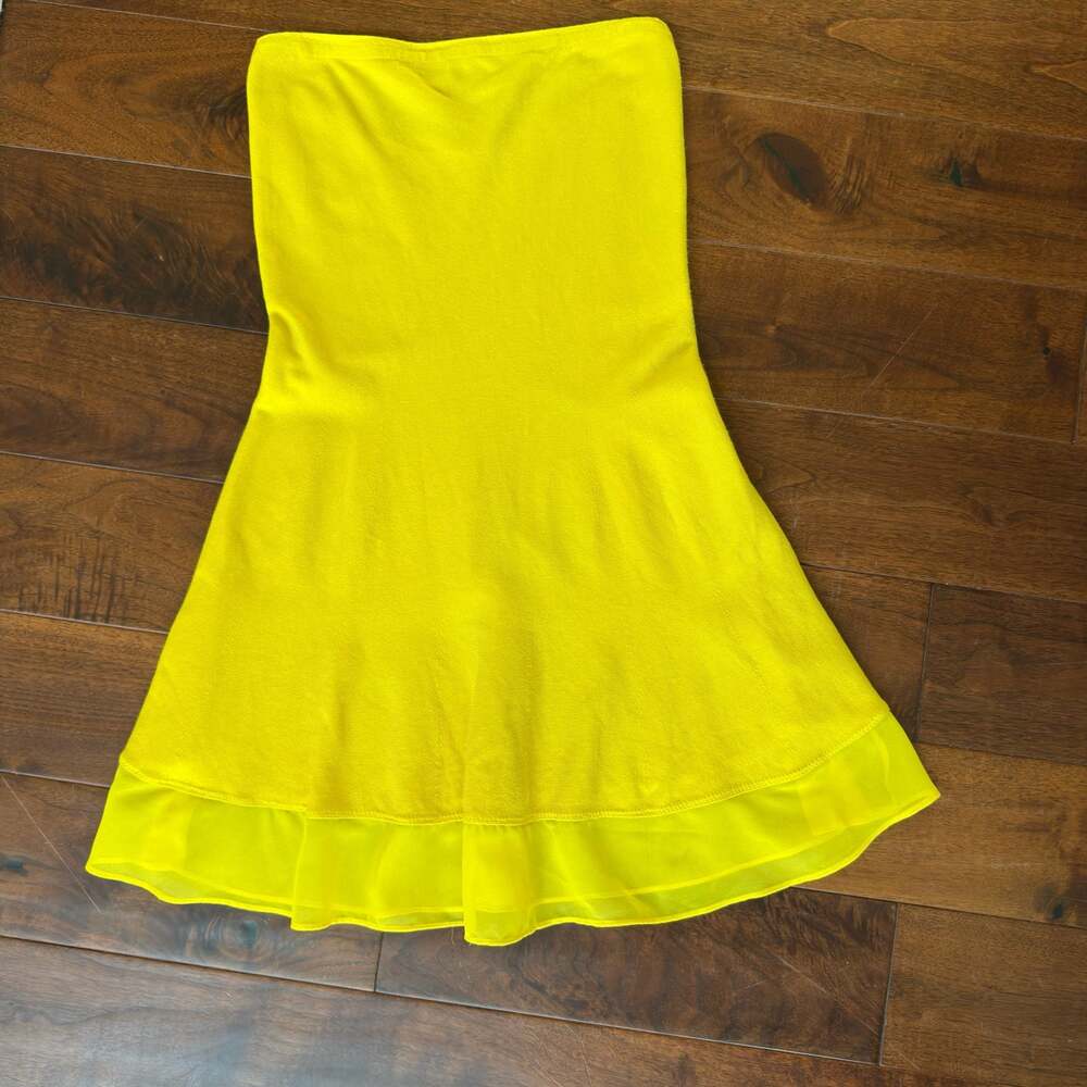 By Anthropologie Yellow Strapless Knit Mini Dress with Chiffon Ruffle Hem Size S
